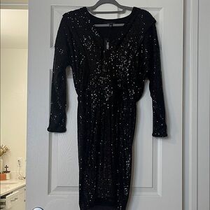 White House Black Market Black Sequin Long Sleeve V-Neck Dress NWT